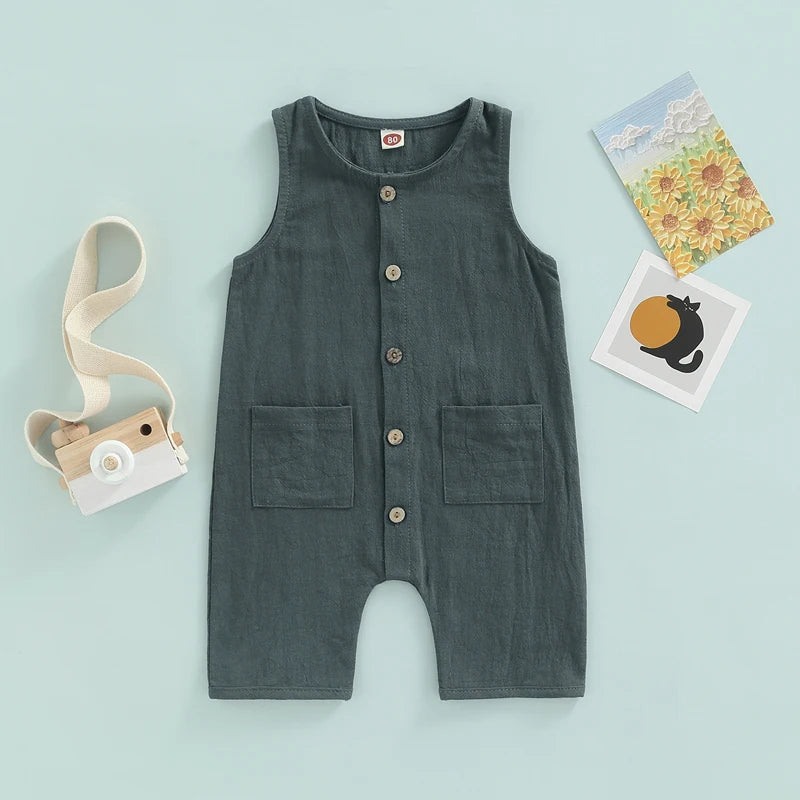 FOCUSNORM 0-24M Toddler Baby Boys Girls Summer Romper 3 Colors Solid/Striped Printed Sleeveless Single Breasted Pocket Jumpsuit