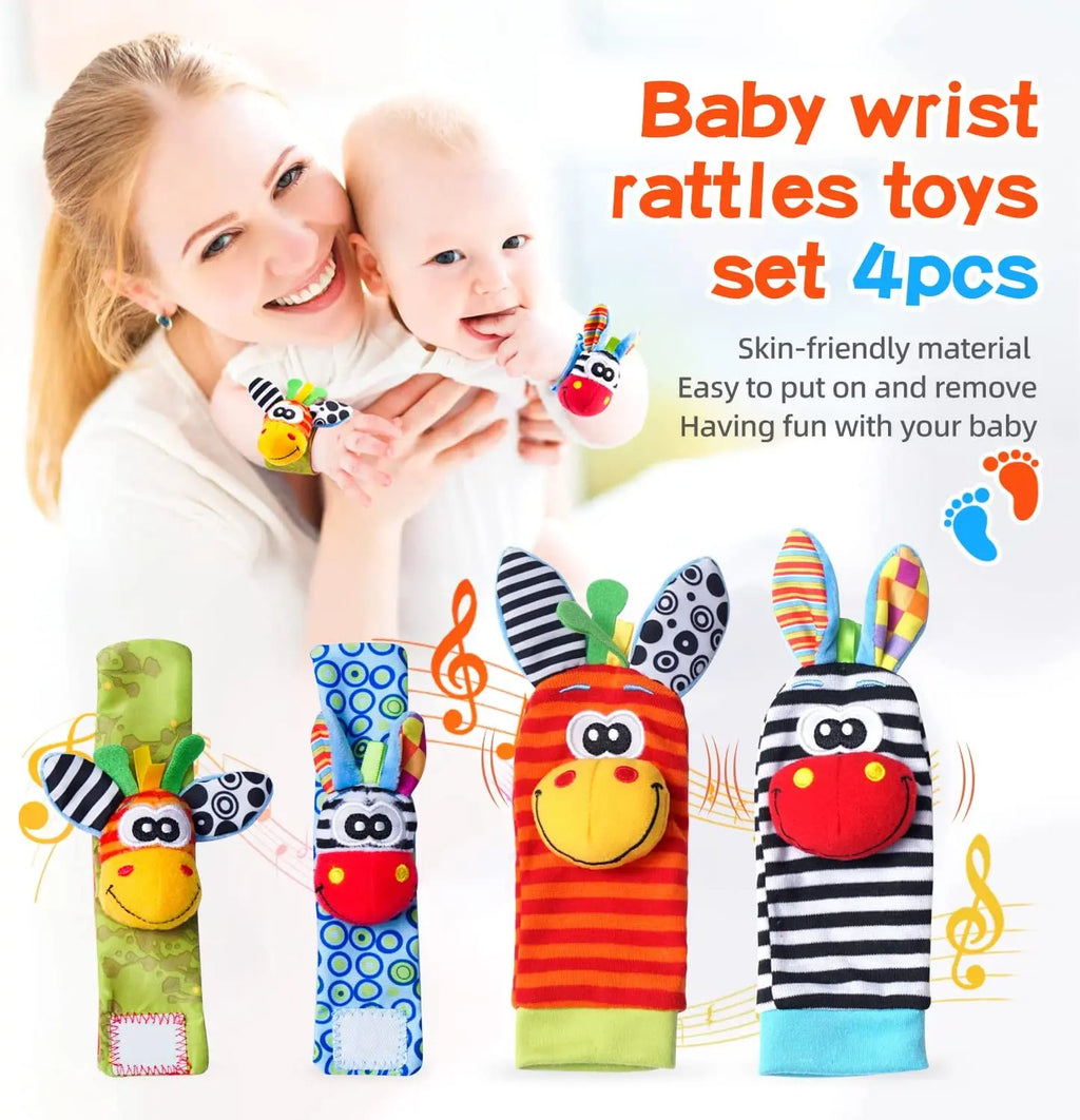 Baby Wrist Rattles Socks Newborn Animal Socks Infants Foot Finder Wrist Strap Baby Socks Sensory Toys Baby Toys 0-12 Months Gift