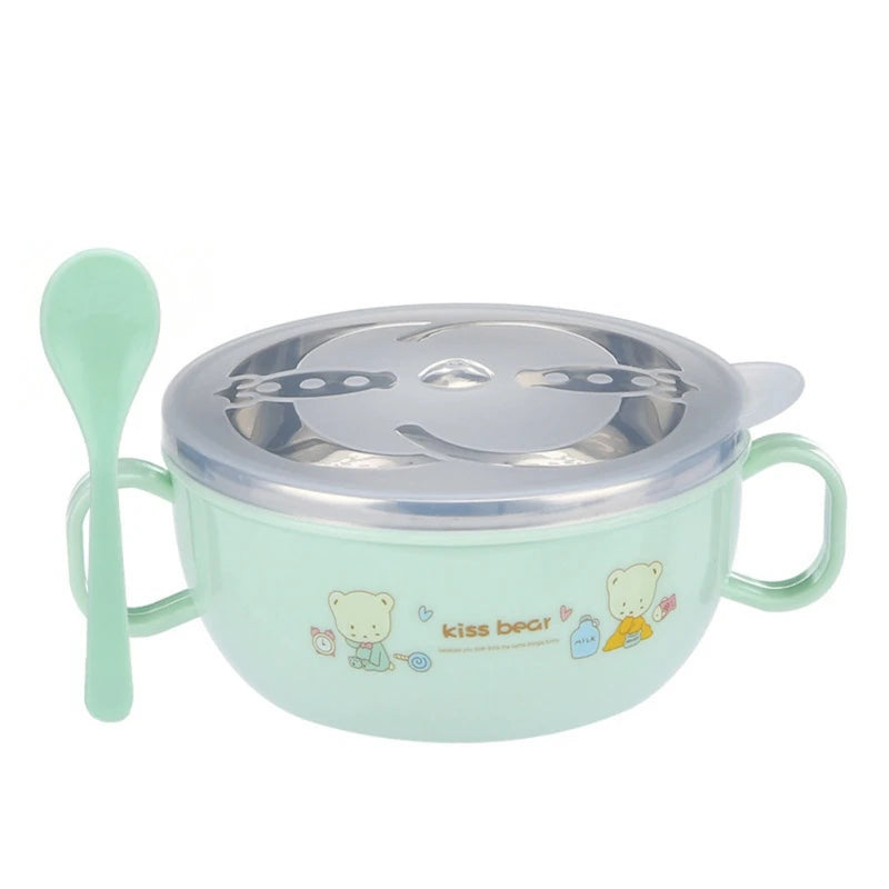 Baby Feeding Bowl Stainless Steel Insulation Bowl Spoon Set Children Tableware Cartoon Printed Children Food Bowl BPA Free 300ml