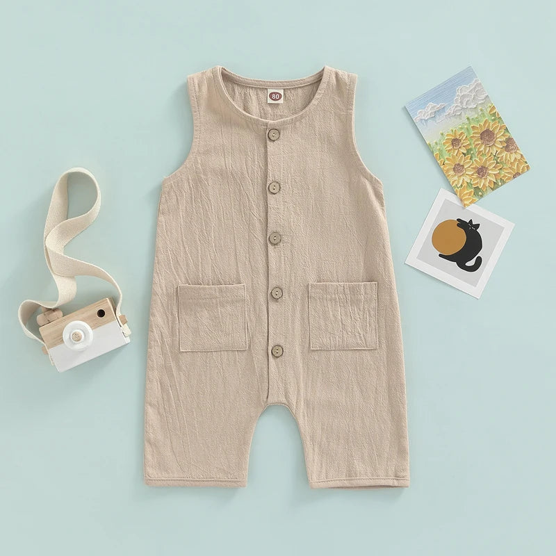 FOCUSNORM 0-24M Toddler Baby Boys Girls Summer Romper 3 Colors Solid/Striped Printed Sleeveless Single Breasted Pocket Jumpsuit