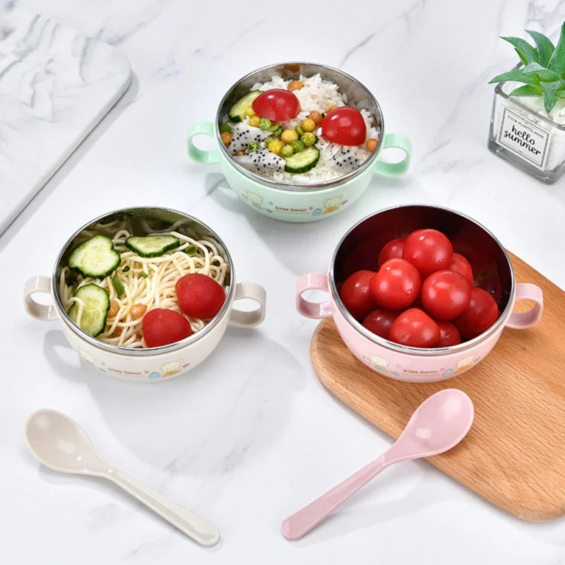 Baby Feeding Bowl Stainless Steel Insulation Bowl Spoon Set Children Tableware Cartoon Printed Children Food Bowl BPA Free 300ml