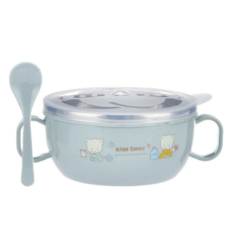Baby Feeding Bowl Stainless Steel Insulation Bowl Spoon Set Children Tableware Cartoon Printed Children Food Bowl BPA Free 300ml