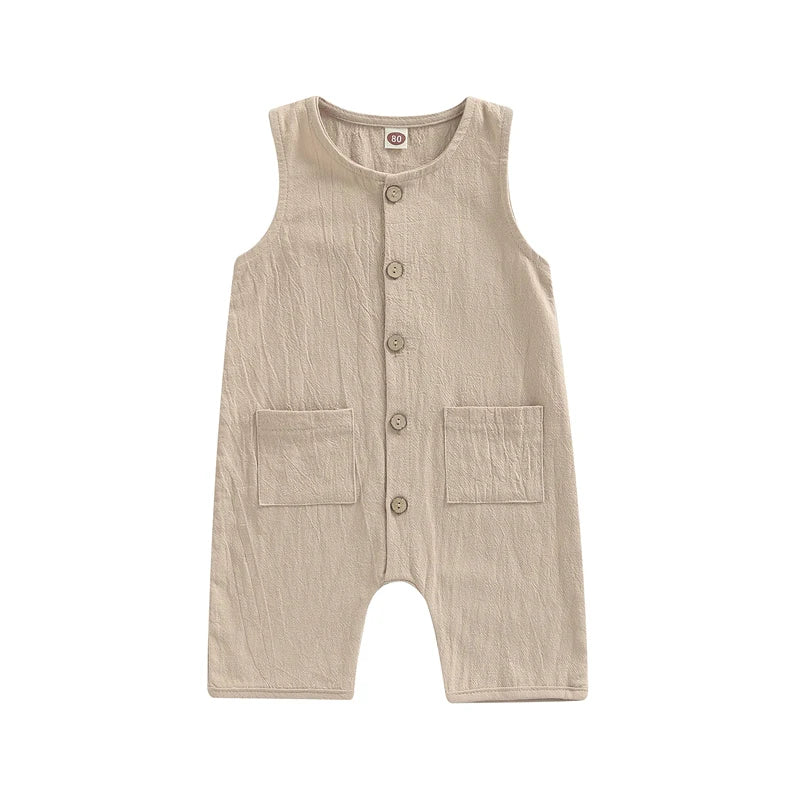 FOCUSNORM 0-24M Toddler Baby Boys Girls Summer Romper 3 Colors Solid/Striped Printed Sleeveless Single Breasted Pocket Jumpsuit
