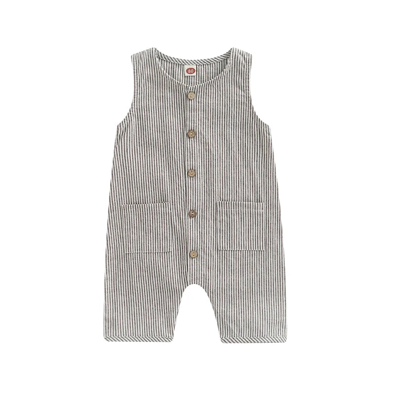 FOCUSNORM 0-24M Toddler Baby Boys Girls Summer Romper 3 Colors Solid/Striped Printed Sleeveless Single Breasted Pocket Jumpsuit