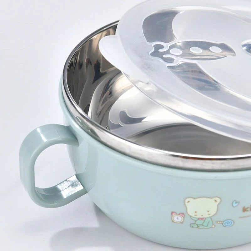 Baby Feeding Bowl Stainless Steel Insulation Bowl Spoon Set Children Tableware Cartoon Printed Children Food Bowl BPA Free 300ml