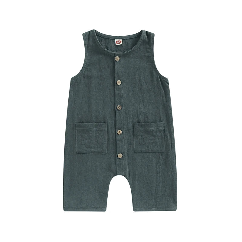 FOCUSNORM 0-24M Toddler Baby Boys Girls Summer Romper 3 Colors Solid/Striped Printed Sleeveless Single Breasted Pocket Jumpsuit