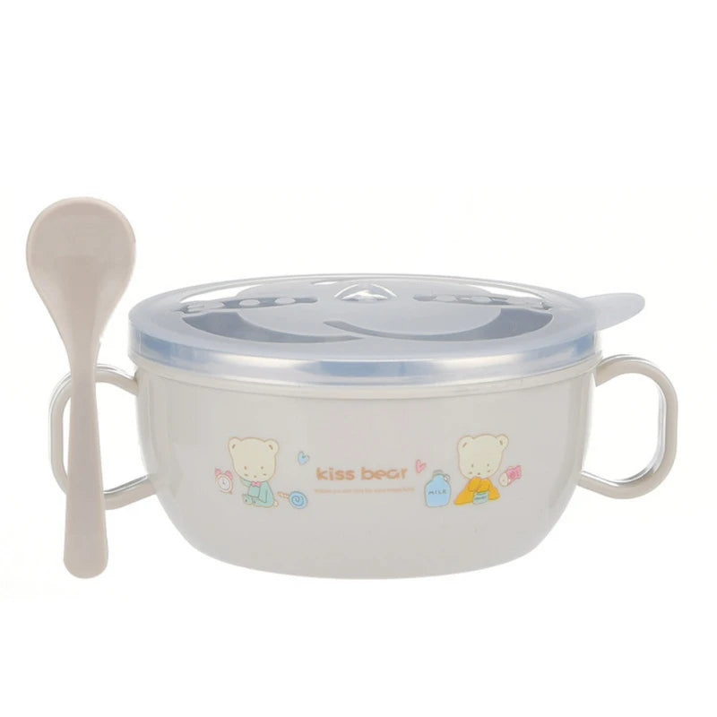 Baby Feeding Bowl Stainless Steel Insulation Bowl Spoon Set Children Tableware Cartoon Printed Children Food Bowl BPA Free 300ml