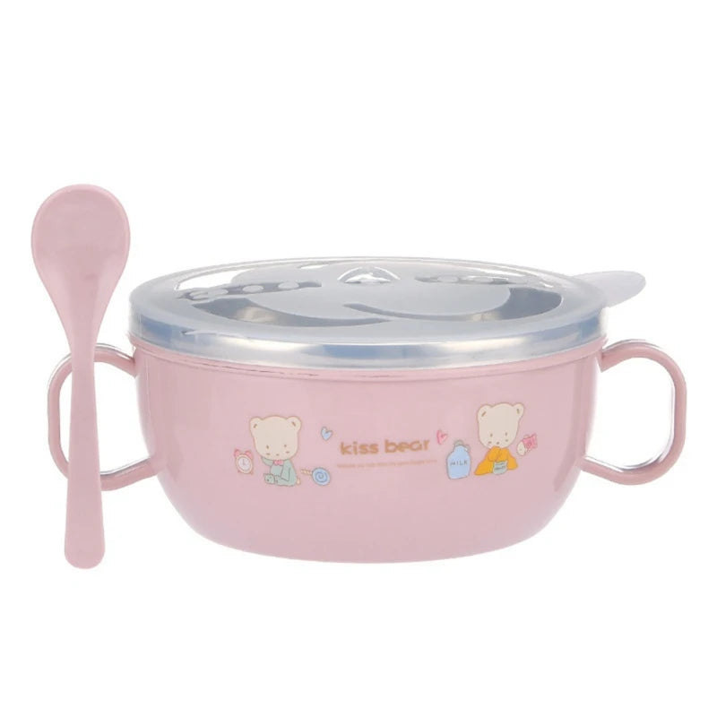 Baby Feeding Bowl Stainless Steel Insulation Bowl Spoon Set Children Tableware Cartoon Printed Children Food Bowl BPA Free 300ml