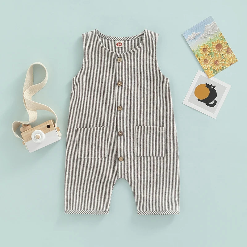 FOCUSNORM 0-24M Toddler Baby Boys Girls Summer Romper 3 Colors Solid/Striped Printed Sleeveless Single Breasted Pocket Jumpsuit